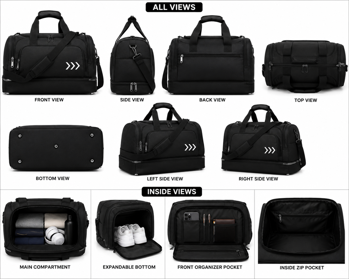 Expandable Waterproof Travel Duffel Bag with Shoe Compartment – Black - Image 2