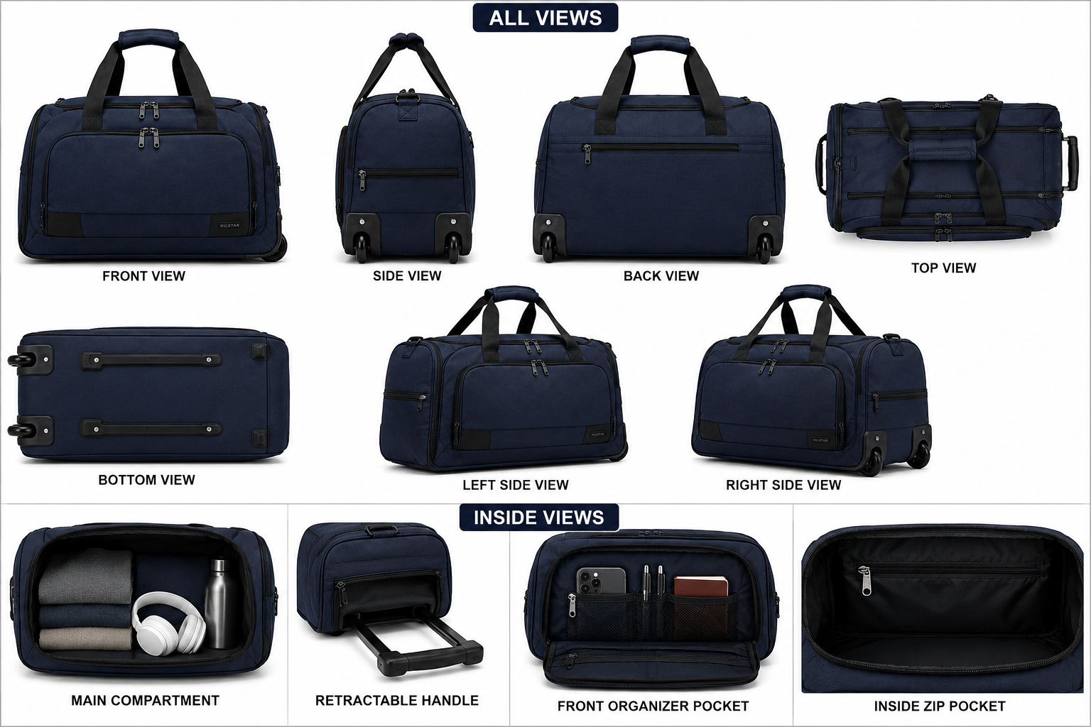 Waterproof Rolling Travel Duffel Bag with Wheels – Navy Blue - Image 2