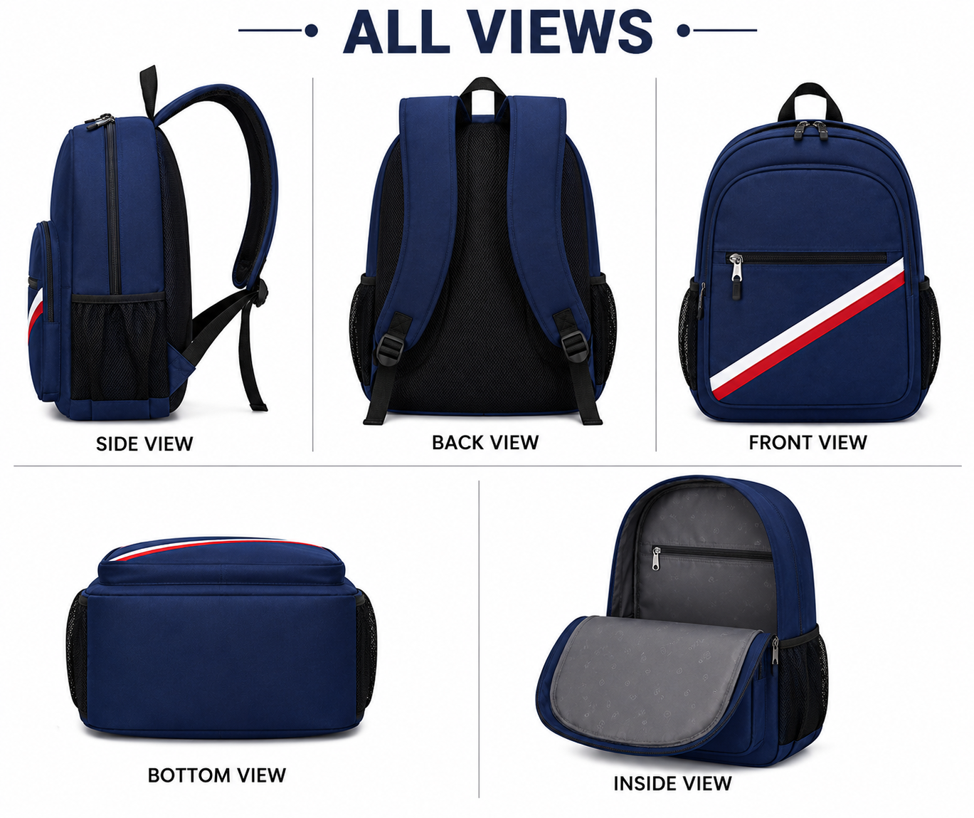 Waterproof Nylon School Backpack – Navy Blue - Image 2